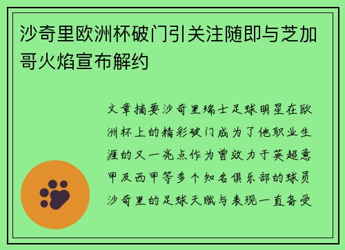 沙奇里欧洲杯破门引关注随即与芝加哥火焰宣布解约