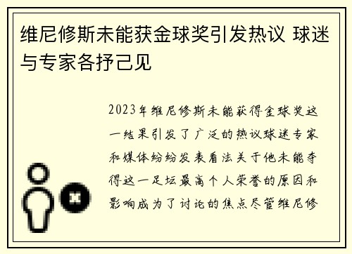 维尼修斯未能获金球奖引发热议 球迷与专家各抒己见 维尼修斯未能获金球奖引发热议 球迷与专家各抒己见