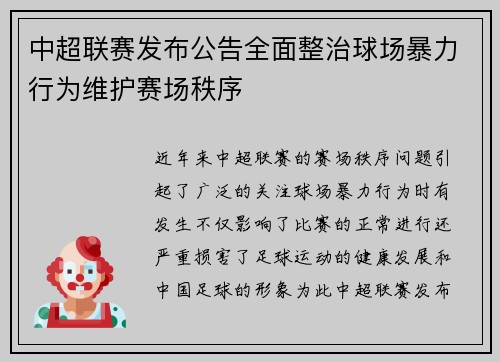 中超联赛发布公告全面整治球场暴力行为维护赛场秩序