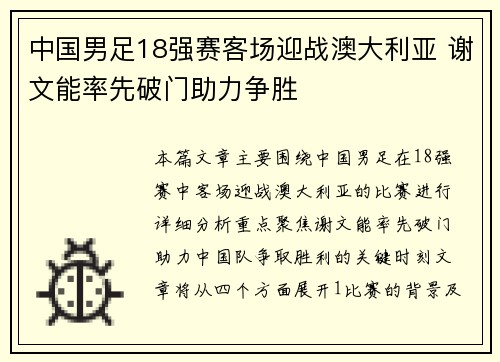 中国男足18强赛客场迎战澳大利亚 谢文能率先破门助力争胜