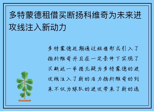 多特蒙德租借买断扬科维奇为未来进攻线注入新动力